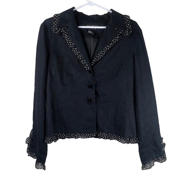 Spanner Blazer Size 8 Linen Button Front Jacket Polka Dot Ruffle Black White - Picture 1 of 9